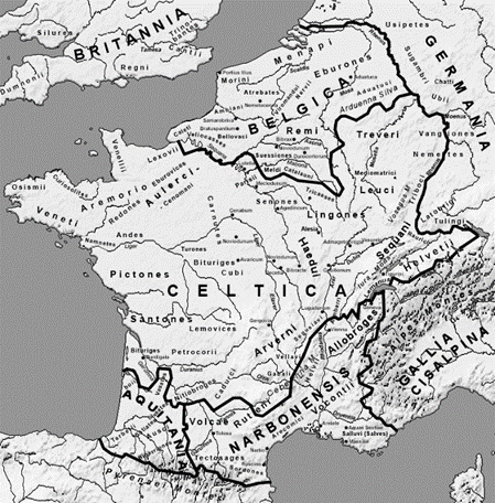 Map of Britannia, Gallia Belgica and neighbouring Roman provinces and peoples