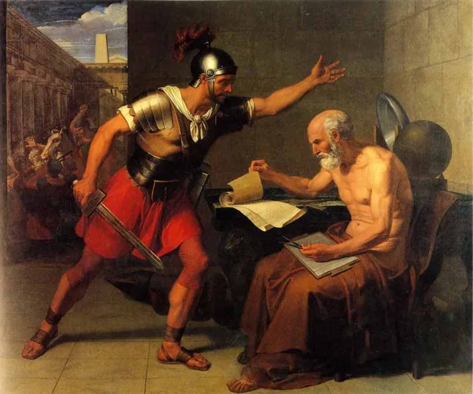 A Roman soldier confronts Archimedes while the mathematician studies geometric figures