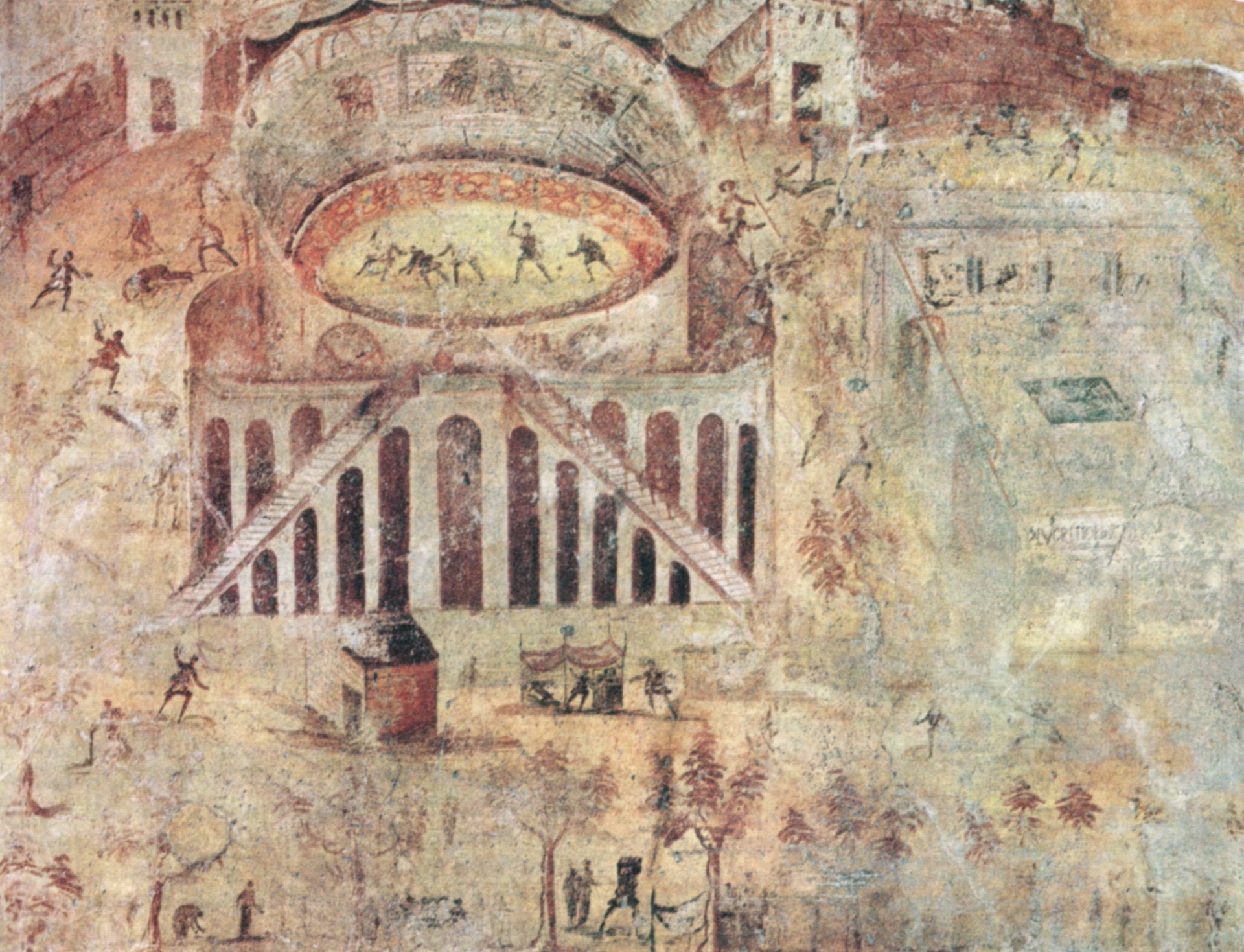Wall painting of the riot between Pompeians and Nucerians at the amphitheatre in AD 59.